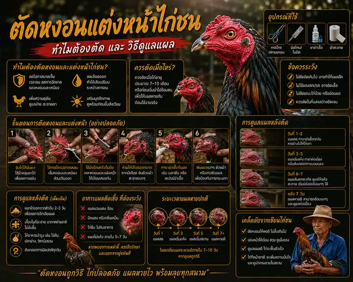 ตัดหงอนแต่งหน้าไก่ชน: ทำไมต้องตัด และวิธีดูแลแผล