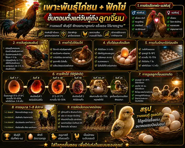เพาะพันธุ์ไก่ชน + ฟักไข่: ขั้นตอนตั้งแต่จับคู่ถึงลูกเจี๊ยบ