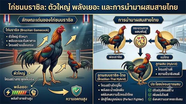ไก่ชนบราซิล: ตัวใหญ่ พลังเยอะ และการนำมาผสมสายไทย